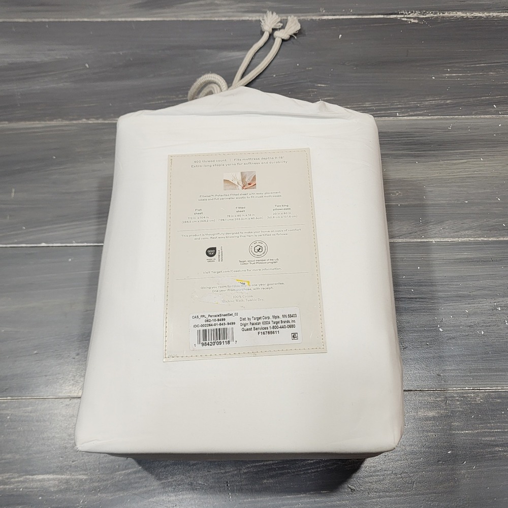 Casaluna King Premium Cotton Percale Sheet Set 400 TC White 4pc New - Picture 2 of 7